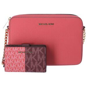Michael Kors Jet Set Large Crossbody Light Berry Sorbet Pink + Oxblood Wallet
